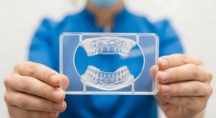 Person holding transparent model of teeth in dental clinic hands