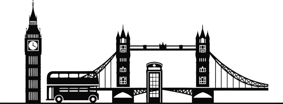 London city landmark silhouette with Tower Bridge, Big Ben clock tower, double decker bus, and telephone booth vector illustration.
