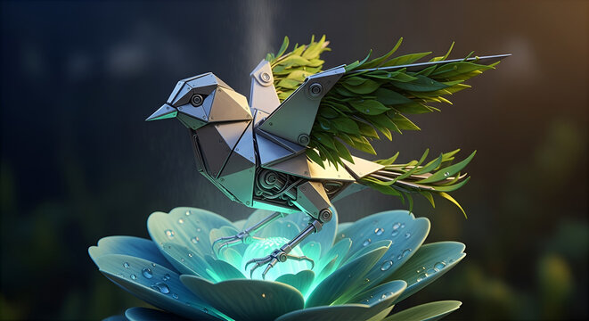 Robotic bird with green wings perched on glowing lotus flower