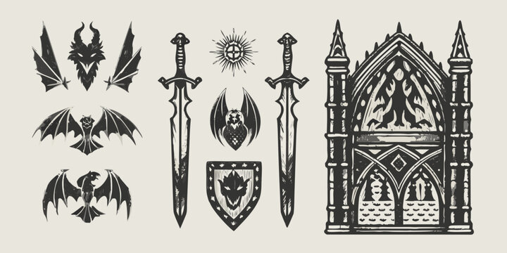 Medieval heraldry and fantasy elements dragons swords and gothic architecture