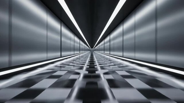 Sleek, futuristic tunnel with checkered floor and glowing ceiling lights