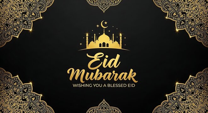 Eid Mubarak greeting card with mosque and crescent moon on black background