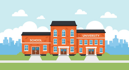 Illustration of a school and university building complex.
