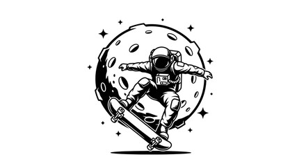 Astronaut skateboarding on the moon with stars around.