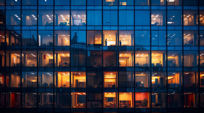 Modern office building illuminated at night with occupied workspaces