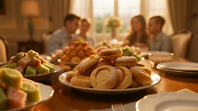 A wide variety of delicious pastries and sweet desserts are served in abundance on a large dining table, in celebration of Eid al-Fitr creating a delightful focal point for a cherished family or frien