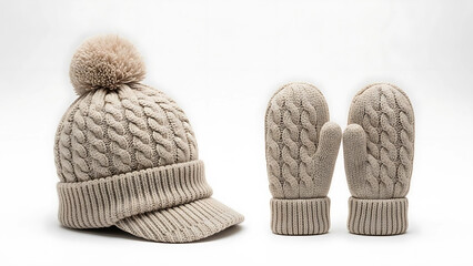 Beige knit winter hat with pom and matching mittens pompom
