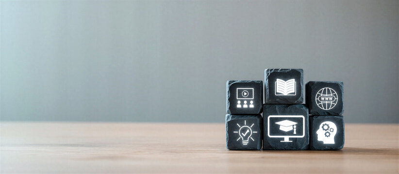 Stacked educational and technology icons representing online learning concepts