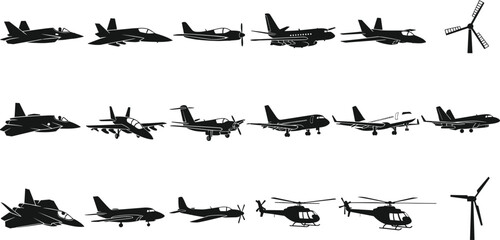Aircraft silhouette collection set, military fighter jets airplanes helicopters and wind turbine black vector icons isolated © NourjahanWorlds