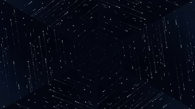 Dark Hexagonal Corridor with Binary Code Streams.