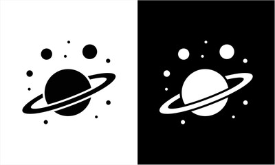 Minimalist Saturn planet icon with rings and stars in black and white. © Ramon