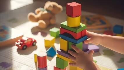 아이가 나무 블록 쌓기 놀이를 하는 집중력 있는 순간 child playing with colorful wooden building blocks at home