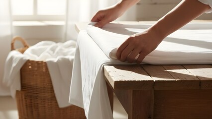 햇살 비치는 작업대 위에서 하얀 천을 정리하는 두 손 close up of hands folding and smoothing white linen fabric on a wooden table