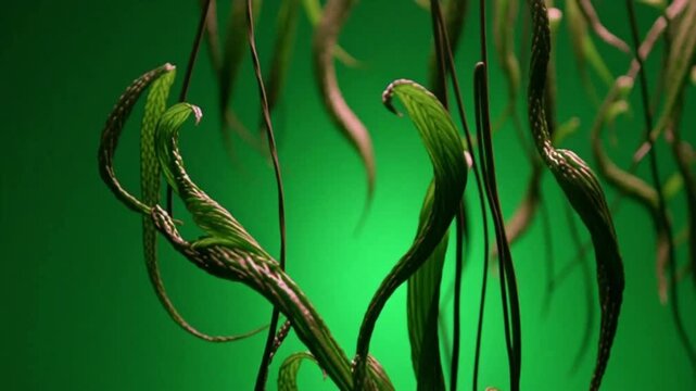 Vibrant green plants with twisted stems and leaves