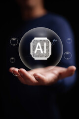 AI bubble concept. Hand holds artificial intelligence chip inside transparent bubbles. Artificial intelligence technology investment burst, financial risk volatility, collapse of tech hype (vertical)