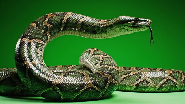 A large green and brown python snake with intricate scale patterns, poised and alert against a vibrant green background.