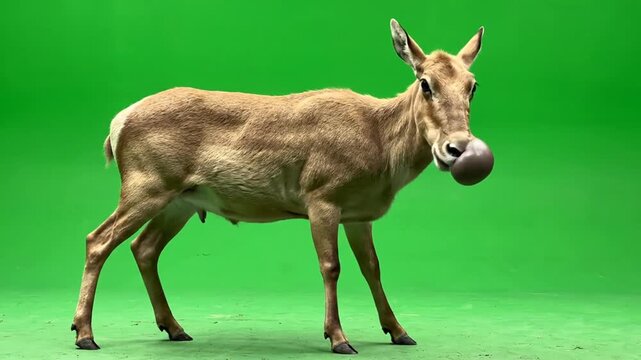 A saiga antelope with its distinctive bulbous nose stands against a vibrant green screen background.