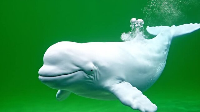 A majestic white beluga whale swimming gracefully underwater, blowing bubbles from its blowhole against a vibrant green background.