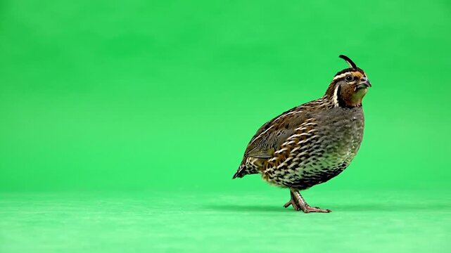 A small brown quail with a distinctive head plume stands in profile on a vibrant green studio background.