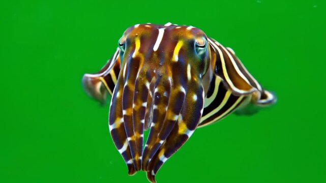 A vibrant striped cuttlefish with intricate patterns gracefully swims against a bright green underwater background.