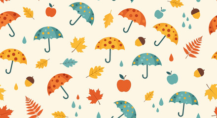 Colorful autumn leaves and umbrellas pattern on a beige background.
