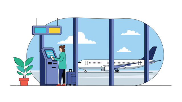 Traveler using automated self-service check-in kiosk at airport terminal with airplane visible through window on sunny day.
