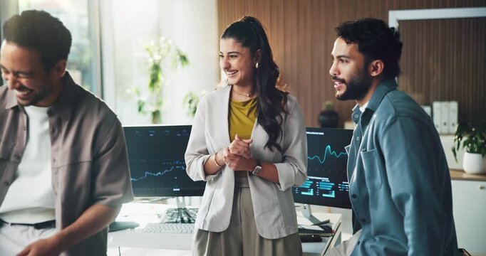 Meeting, tablet and team of business people in office with feedback for web development. Digital technology, laugh and group of software engineers with partnership for coding at startup agency.