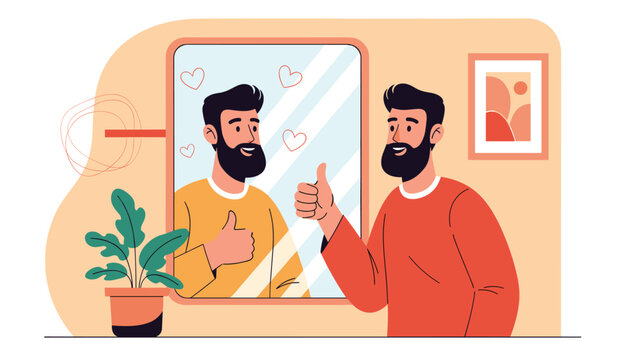 Confident man standing in front of mirror giving a thumbs up to his reflection with hearts representing high self-esteem and love.