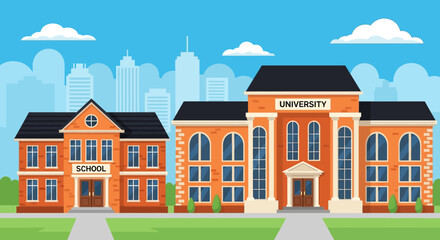 Illustration of school and university buildings with cityscape background. © Abhinaya Project