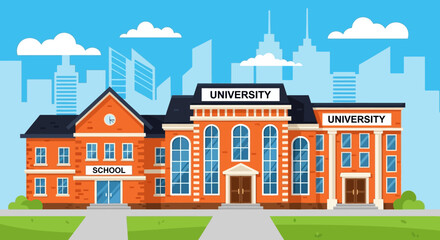 University Building Illustration with Cityscape Background.