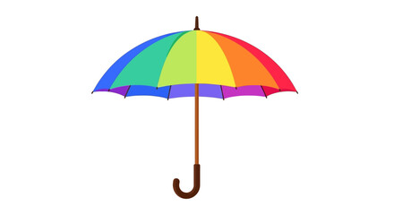 Colorful rainbow umbrella with vibrant hues and wooden handle.