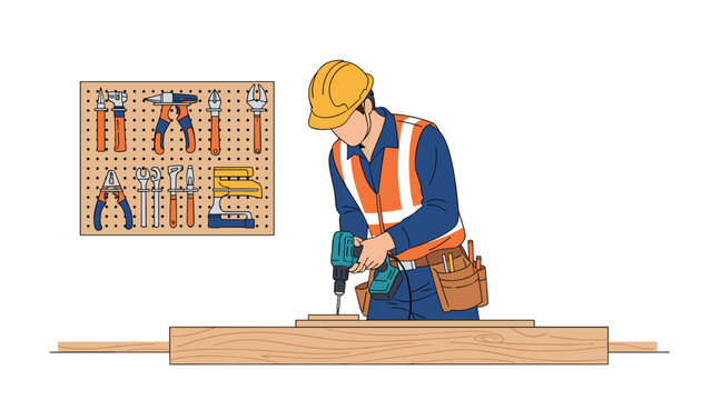 Skilled carpenter or construction worker in a safety vest and helmet uses a power drill to work on a wooden project.