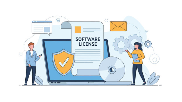 Two people discussing software license terms next to a giant laptop with a shield icon for legal compliance and data protection.