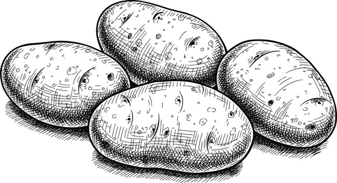 Vintage engraved potatoes illustration with detailed hand drawn sketch style isolated on white background for organic food packaging agriculture and retro design projects