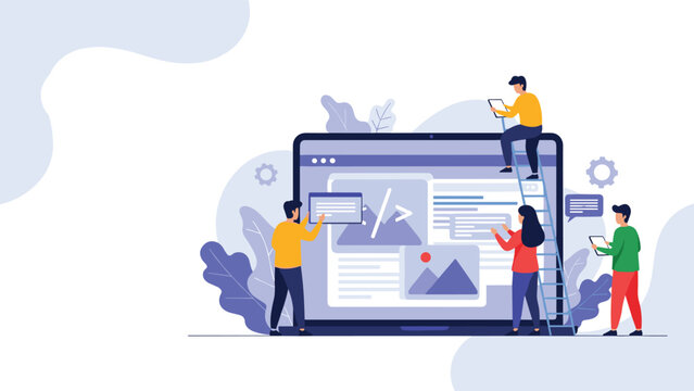 Team of software developers collaborating on web application interface design with coding elements and UI components on screen.