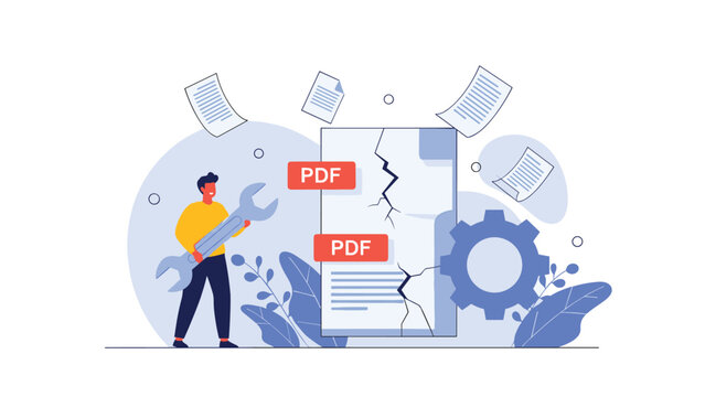 Technical support and data recovery concept featuring a man with a large wrench repairing damaged or corrupted pdf document files.