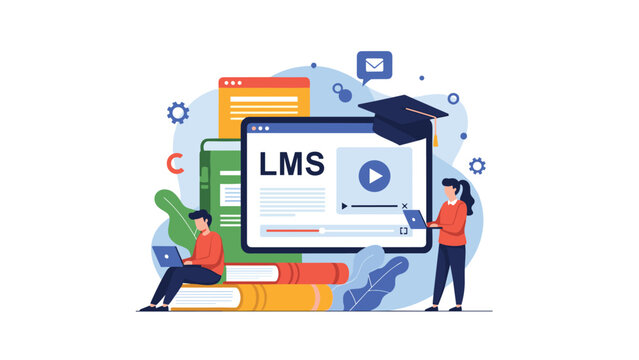 Educational concept showing a learning management system interface with students and books representing modern online learning.