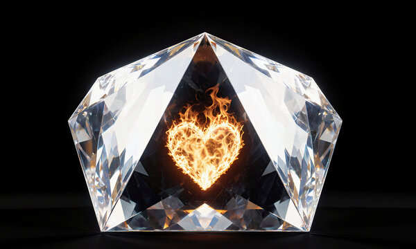 An immense crystal pyramid split open, revealing a luminous heart of fire within, symbolizing hidden passion and power beneath perfection