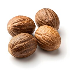 Whole Nutmeg Seeds With Textured Brown Shell, Aromatic Whole Nutmeg Isolated On White Solid Background For Baking And Spice Concepts