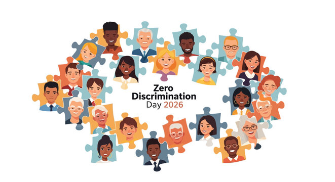 Illustration of diverse people forming a heart-shaped puzzle for Zero Discrimination Day 2026, promoting equality and inclusion with a colorful and joyful design on a white background.