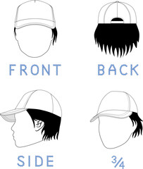 Female Head with Baseball Cap &mdash; 4 Views Technical Turnaround Vector Template for Fashion Design