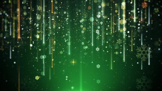 Golden Snowflakes Falling Over A Magical Green Winter Background