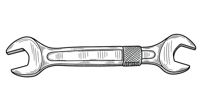Illustration of a wrench with two open ends, detailed with sketch-like lines, conveying a functional, industrial feel. The tool has textured grip near the center.