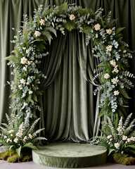 Elegant Green Velvet Backdrop with Botanical Arch and Podium for Product Display or Celebration