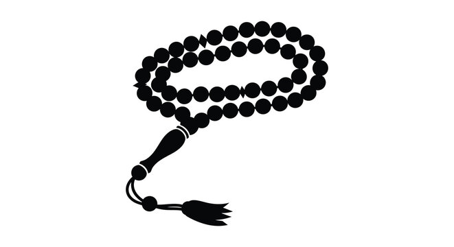 A strikingly simple black silhouette depicts islamic prayer beads also known as tasbih against a white background silhouette