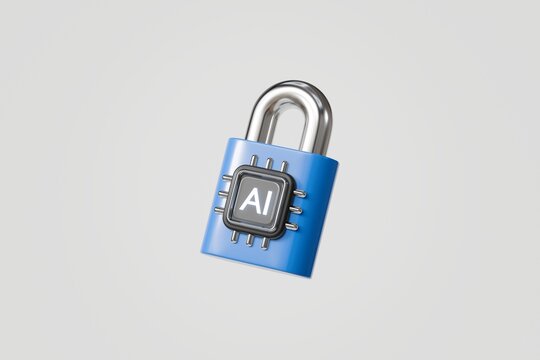 3d ai chip padlock icon. ai security concept. minimal cartoon secure access data privacy lock for cybersecurity app. isolated on white transparent background. 3d render.