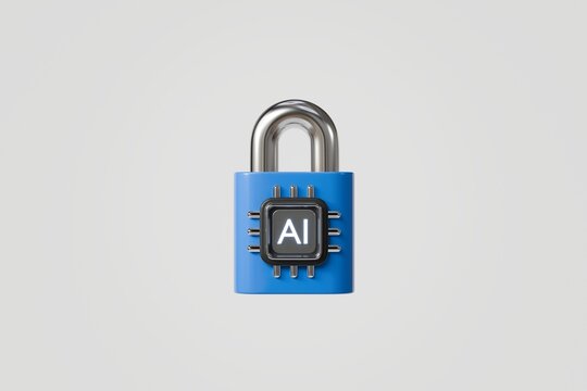 3d ai chip padlock icon. ai security concept. minimal cartoon secure access data privacy lock for cybersecurity app. isolated on white transparent background. 3d render.