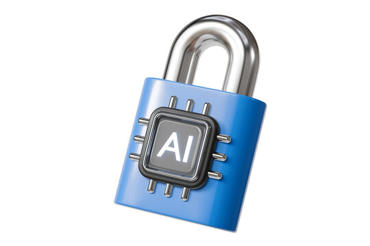 3d ai chip padlock icon. ai security concept. minimal cartoon secure access data privacy lock for cybersecurity app. isolated on white transparent background. 3d render.