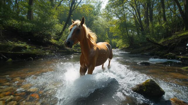 Akhal Teke horse splashing through forest river