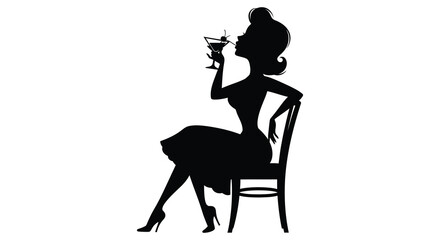 A stylish woman in a retro dress elegantly holds a martini glass while seated a striking silhouette © Jahid